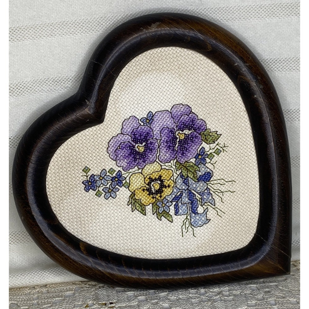 Vintage Cross Stitch Pansy Flowers Wooden Heart Frame Cottagecore Country Decor